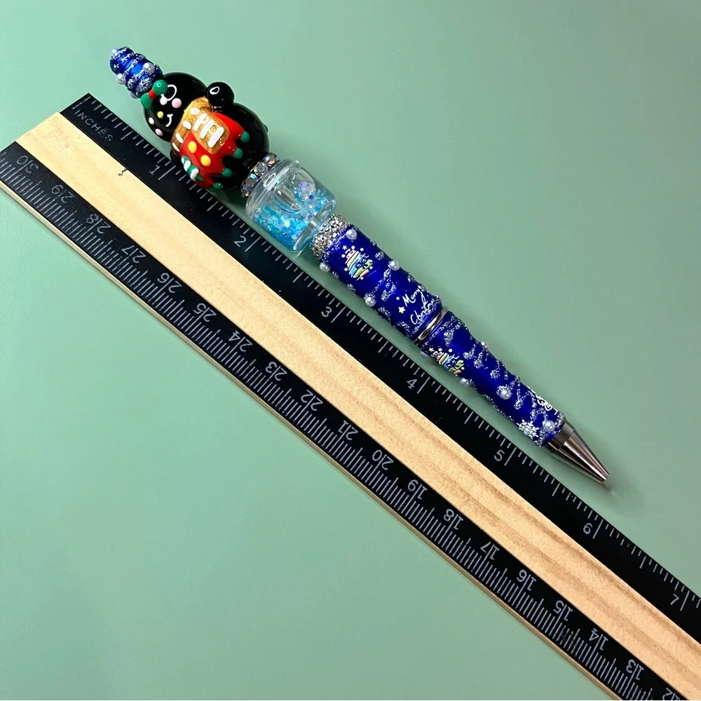 Handpainted Snowman Christmas Magic Blue Sparkles Handmade Beaded Pen